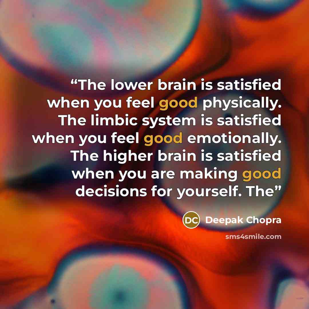 “The lower brain is satisfied when you feel good physically. The limbic system is satisfied when you feel good emotionally. The higher brain is satisfied when you are making good decisions for yourself. The” quote by Deepak Chopra