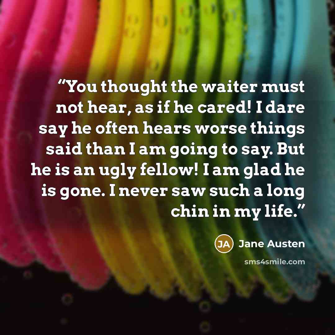 “You thought the waiter must not hear, as if he cared! I dare say he often hears worse things said than I am going to say. But he is an ugly fellow! I am glad he is gone. I never saw such a long chin in my life.” quote by Jane Austen