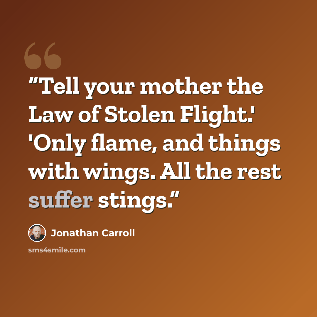 “Tell your mother the Law of Stolen Flight.' 'Only flame, and things with wings. All the rest suffer stings.” quote by Jonathan Carroll