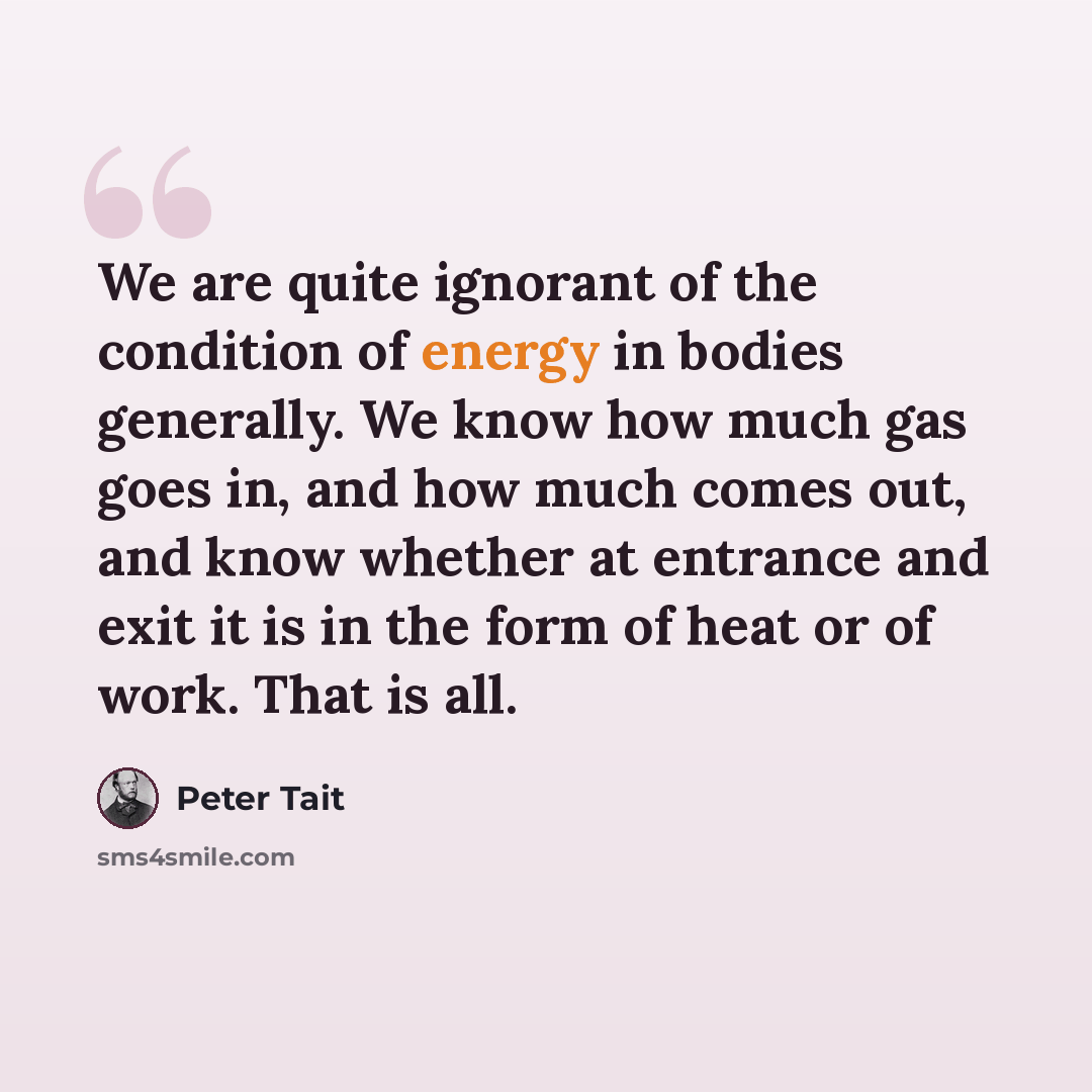“We are quite ignorant of the condition of energy in bodies generally. We know how much gas goes in, and how much comes out, and know whether at entrance and exit it is in the form of heat or of work. That is all.” quote by Peter Tait