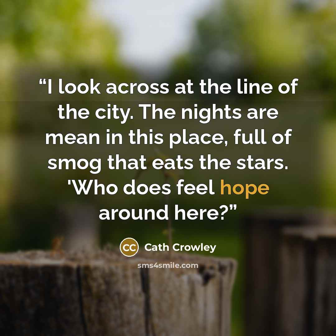 “I look across at the line of the city. The nights are mean in this place, full of smog that eats the stars. 'Who does feel hope around here?” quote by Cath Crowley