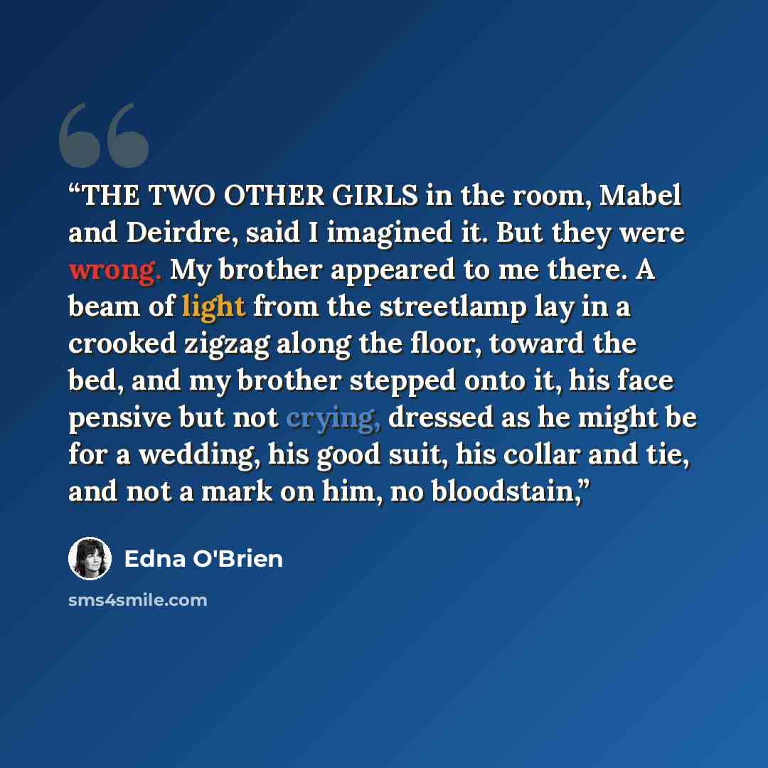 “THE TWO OTHER GIRLS in the room, Mabel and Deirdre, said I imagined it. But they were wrong. My brother appeared to me there. A beam of light from the streetlamp lay in a crooked zigzag along the floor, toward the bed, and my brother stepped onto it, his face pensive but not crying, dressed as he…” quote by Edna O'Brien