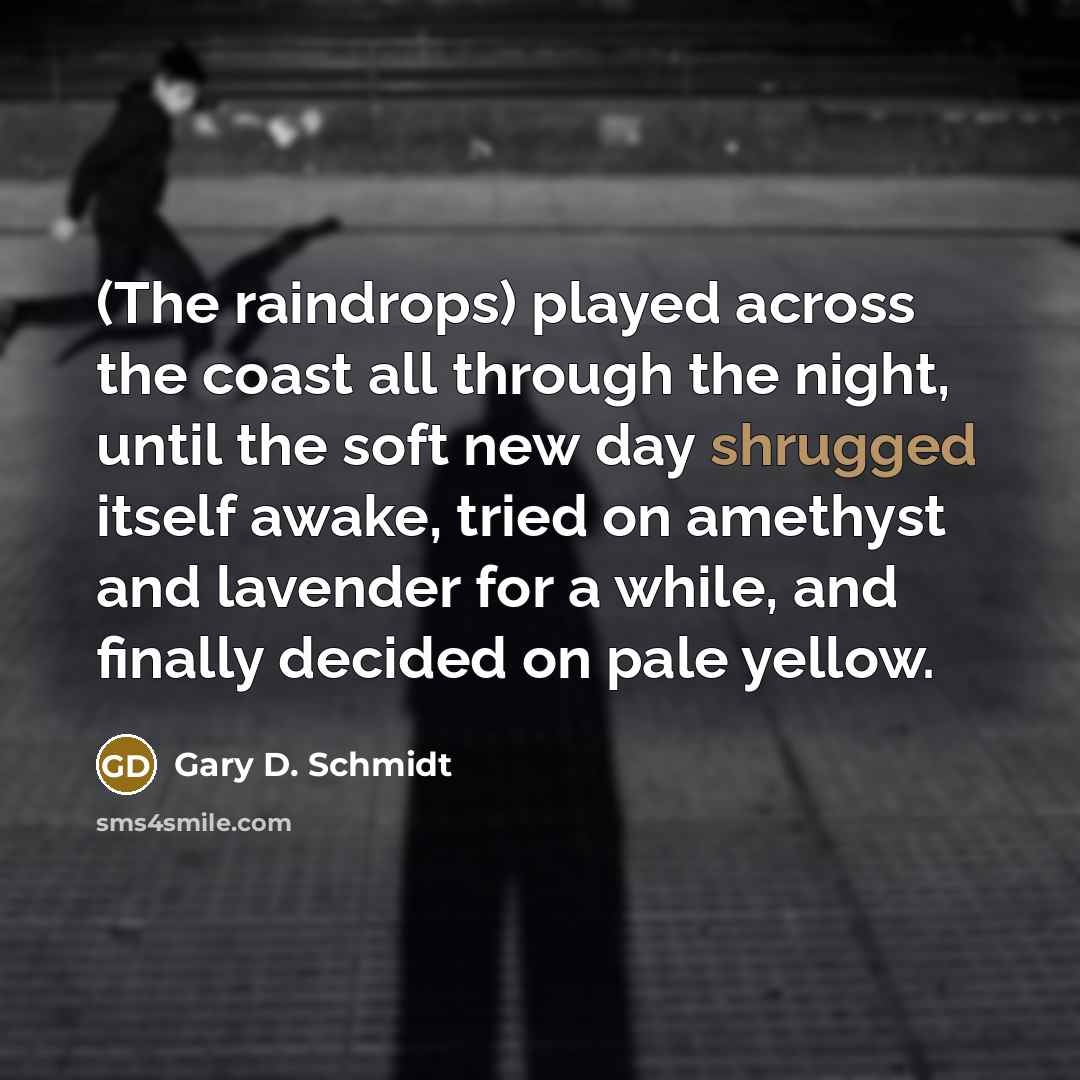 “(The raindrops) played across the coast all through the night, until the soft new day shrugged itself awake, tried on amethyst and lavender for a while, and finally decided on pale yellow.” quote by Gary D. Schmidt