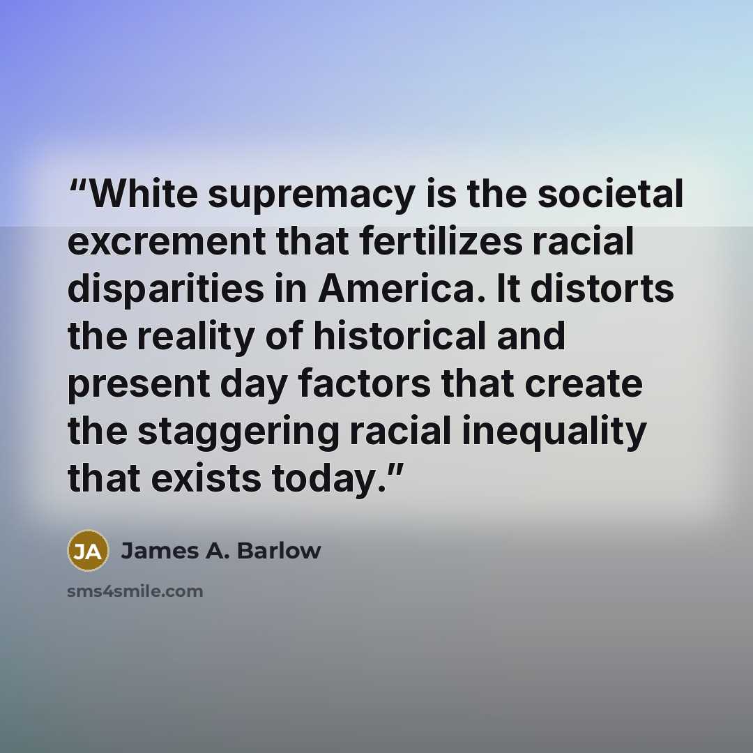 “White supremacy is the societal excrement that fertilizes racial disparities in America. It distorts the reality of historical and present day factors that create the staggering racial inequality that exists today.” quote by James A. Barlow