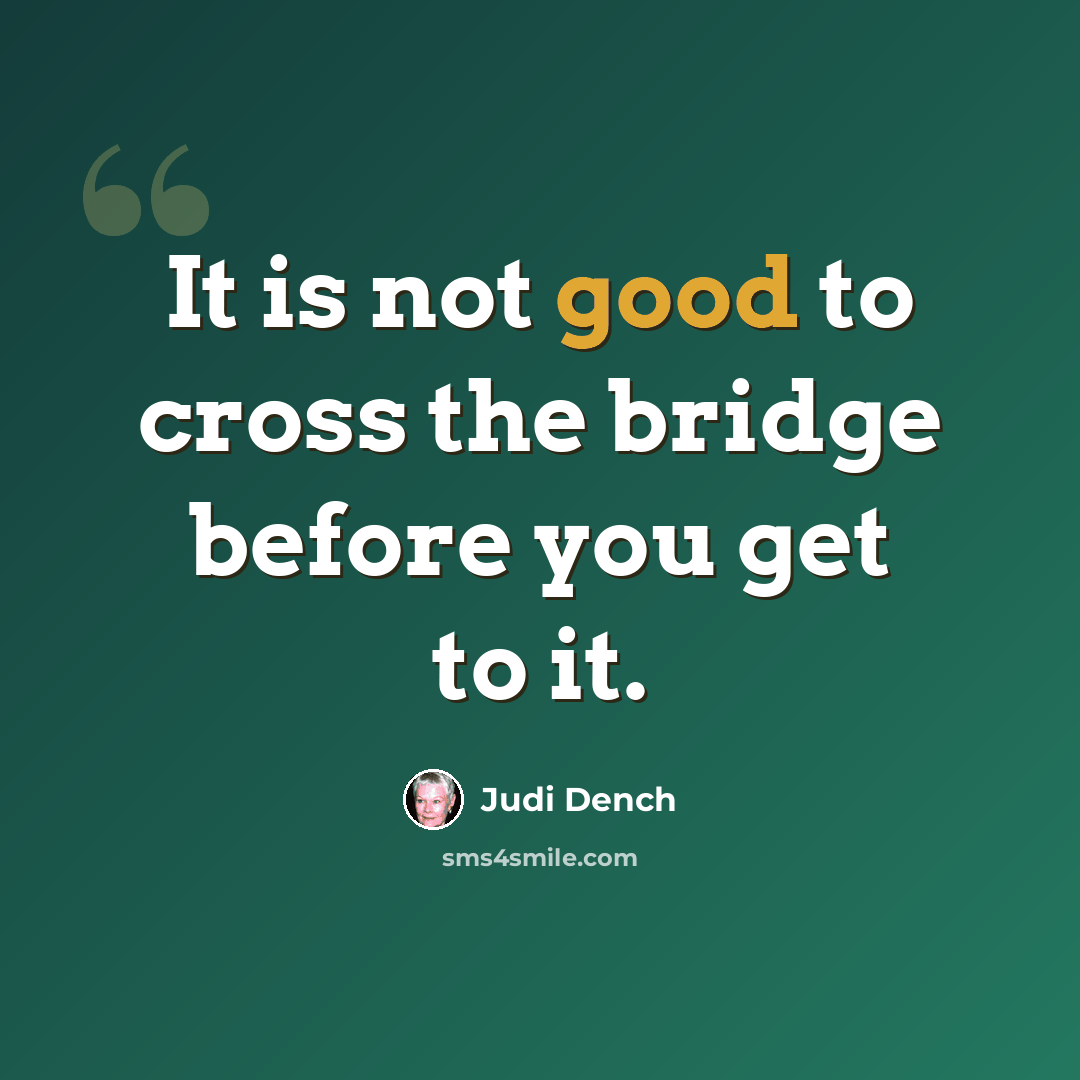 “It is not good to cross the bridge before you get to it.” quote by Judi Dench