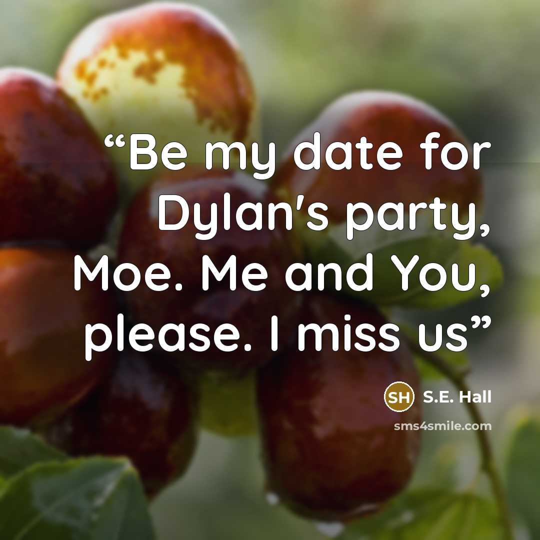 “Be my date for Dylan's party, Moe. Me and You, please. I miss us” quote by S.E. Hall