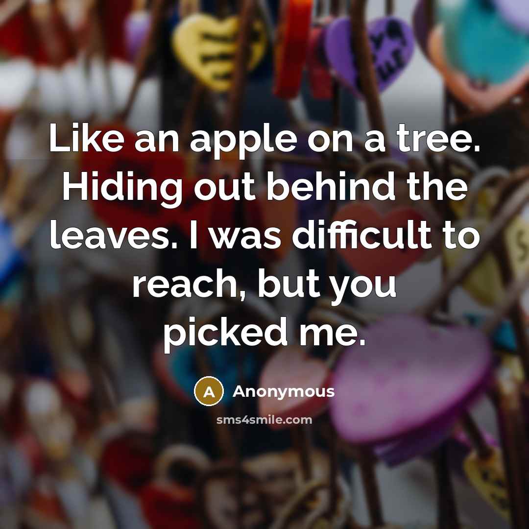 “Like an apple on a tree. Hiding out behind the leaves. I was difficult to reach, but you picked me.” quote by Anonymous
