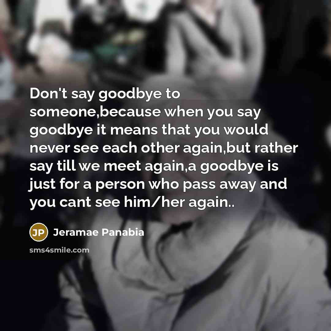 “Don't say goodbye to someone,because when you say goodbye it means that you would never see each other again,but rather say till we meet again,a goodbye is just for a person who pass away and you cant see him/her again..” quote by Jeramae Panabia
