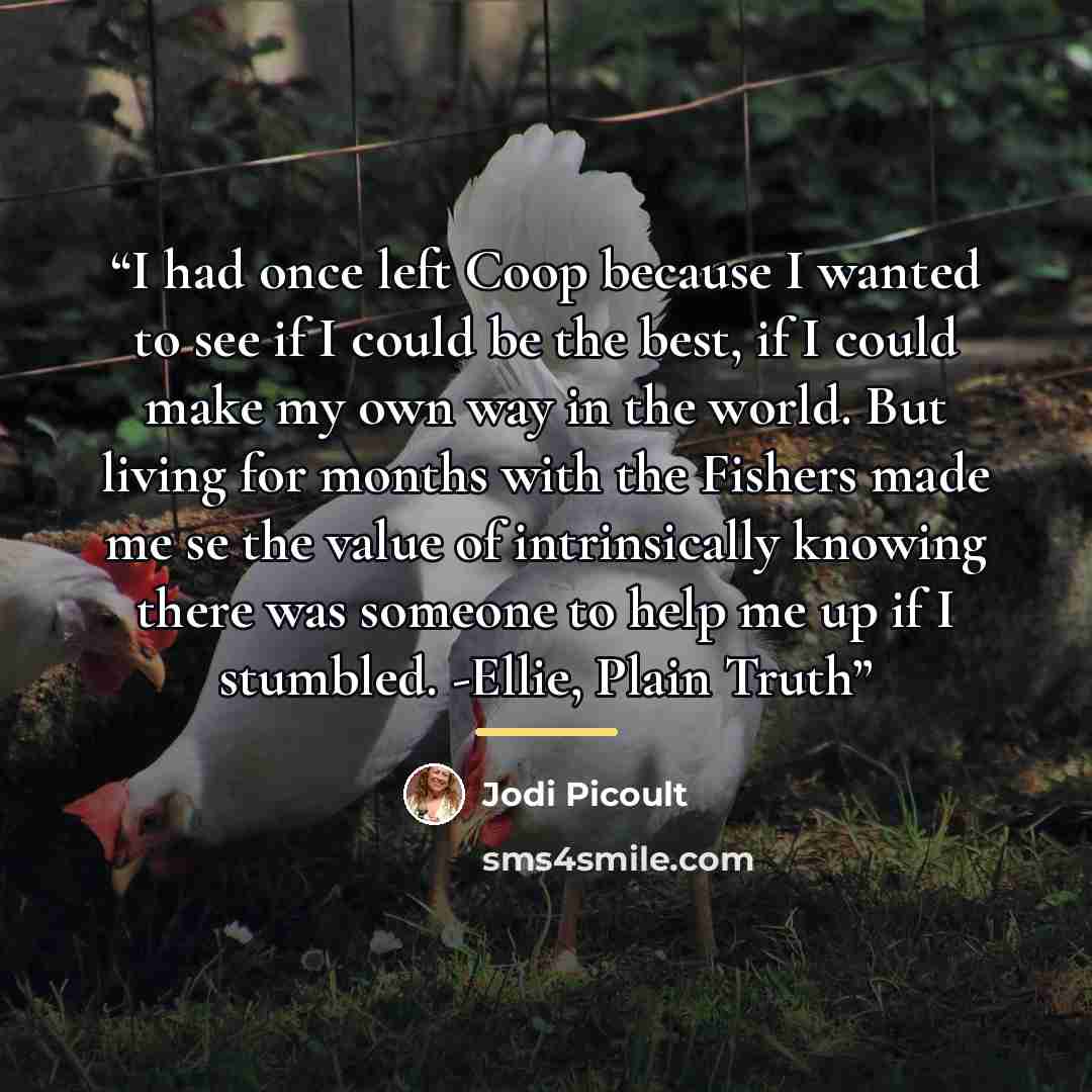 “I had once left Coop because I wanted to see if I could be the best, if I could make my own way in the world. But living for months with the Fishers made me se the value of intrinsically knowing there was someone to help me up if I stumbled. -Ellie, Plain Truth” quote by Jodi picoult
