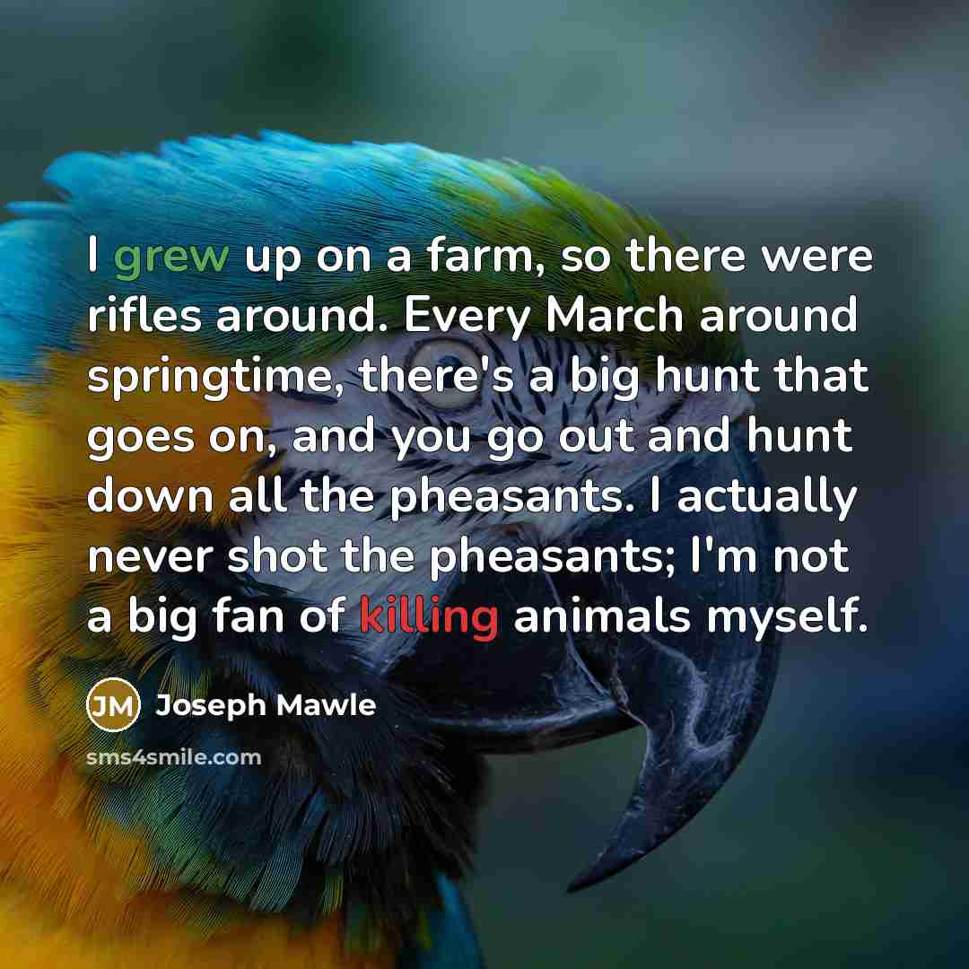 “I grew up on a farm, so there were rifles around. Every March around springtime, there's a big hunt that goes on, and you go out and hunt down all the pheasants. I actually never shot the pheasants; I'm not a big fan of killing animals myself.” quote by Joseph Mawle