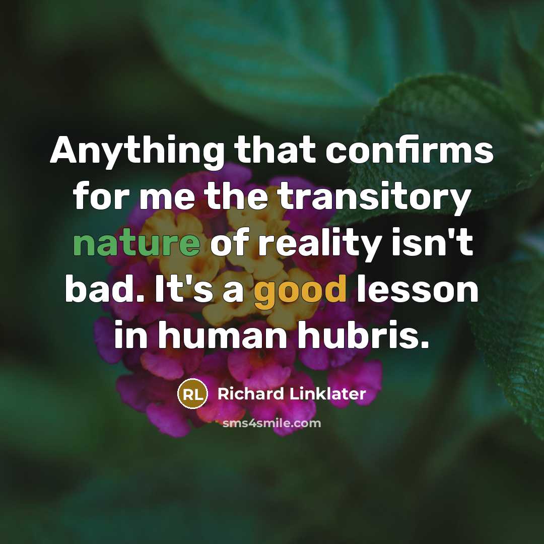 “Anything that confirms for me the transitory nature of reality isn't bad. It's a good lesson in human hubris.” quote by Richard Linklater