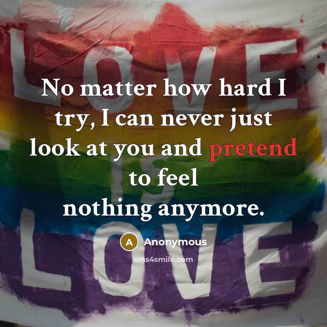 “No matter how hard I try, I can never just look at you and pretend to feel nothing anymore.” quote by Anonymous