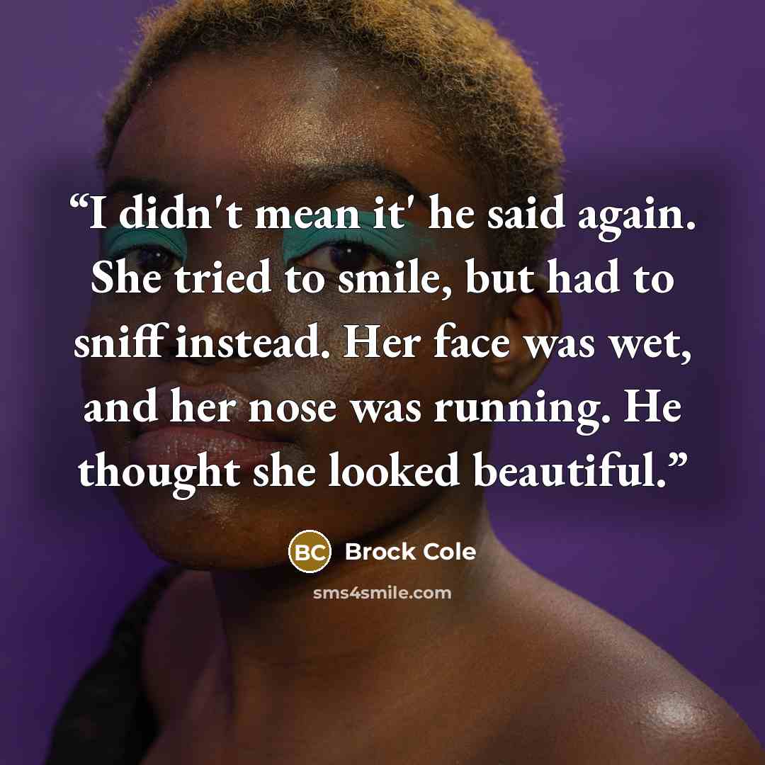 “I didn't mean it' he said again. She tried to smile, but had to sniff instead. Her face was wet, and her nose was running. He thought she looked beautiful.” quote by Brock Cole