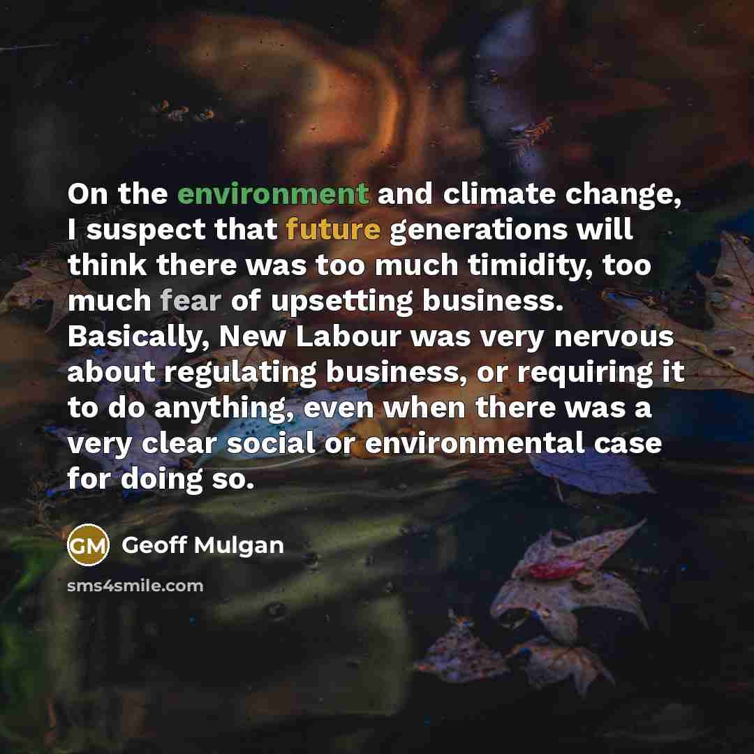“On the environment and climate change, I suspect that future generations will think there was too much timidity, too much fear of upsetting business. Basically, New Labour was very nervous about regulating business, or requiring it to do anything, even when there was a very clear social or…” quote by Geoff Mulgan