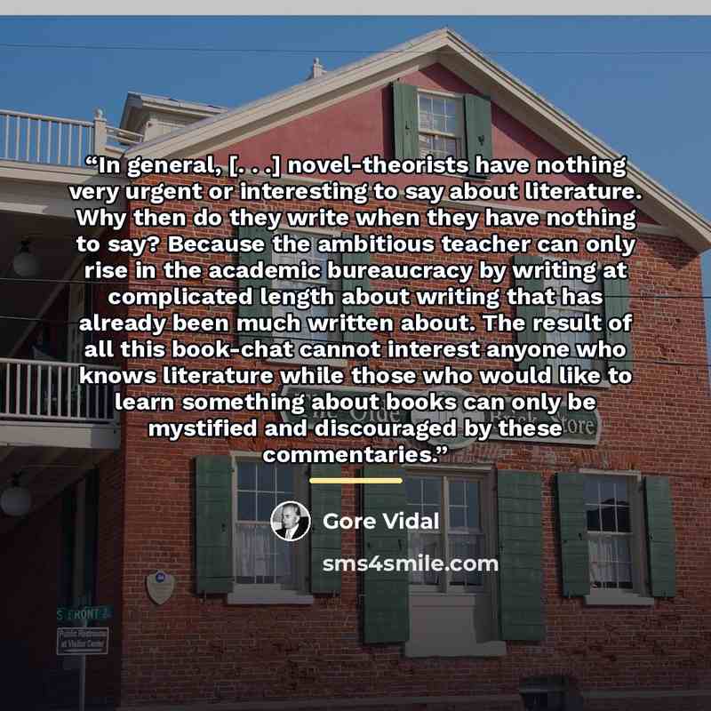 “In general, [. . .] novel-theorists have nothing very urgent or interesting to say about literature. Why then do they write when they have nothing to say? Because the ambitious teacher can only rise in the academic bureaucracy by writing at complicated length about writing that has already been…” quote by Gore Vidal