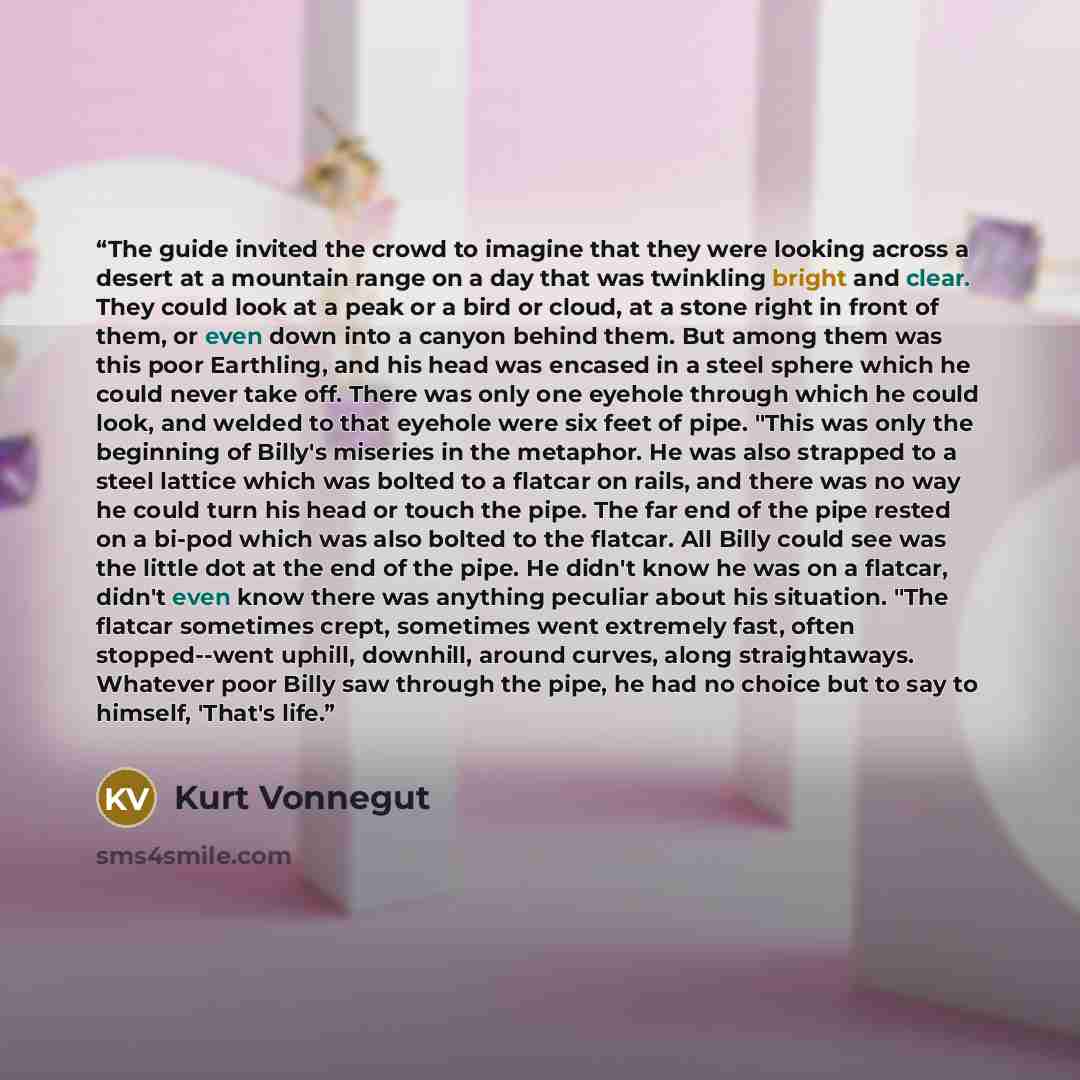 “The guide invited the crowd to imagine that they were looking across a desert at a mountain range on a day that was twinkling bright and clear. They could look at a peak or a bird or cloud, at a stone right in front of them, or even down into a canyon behind them. But among them was this poor…” quote by Kurt Vonnegut