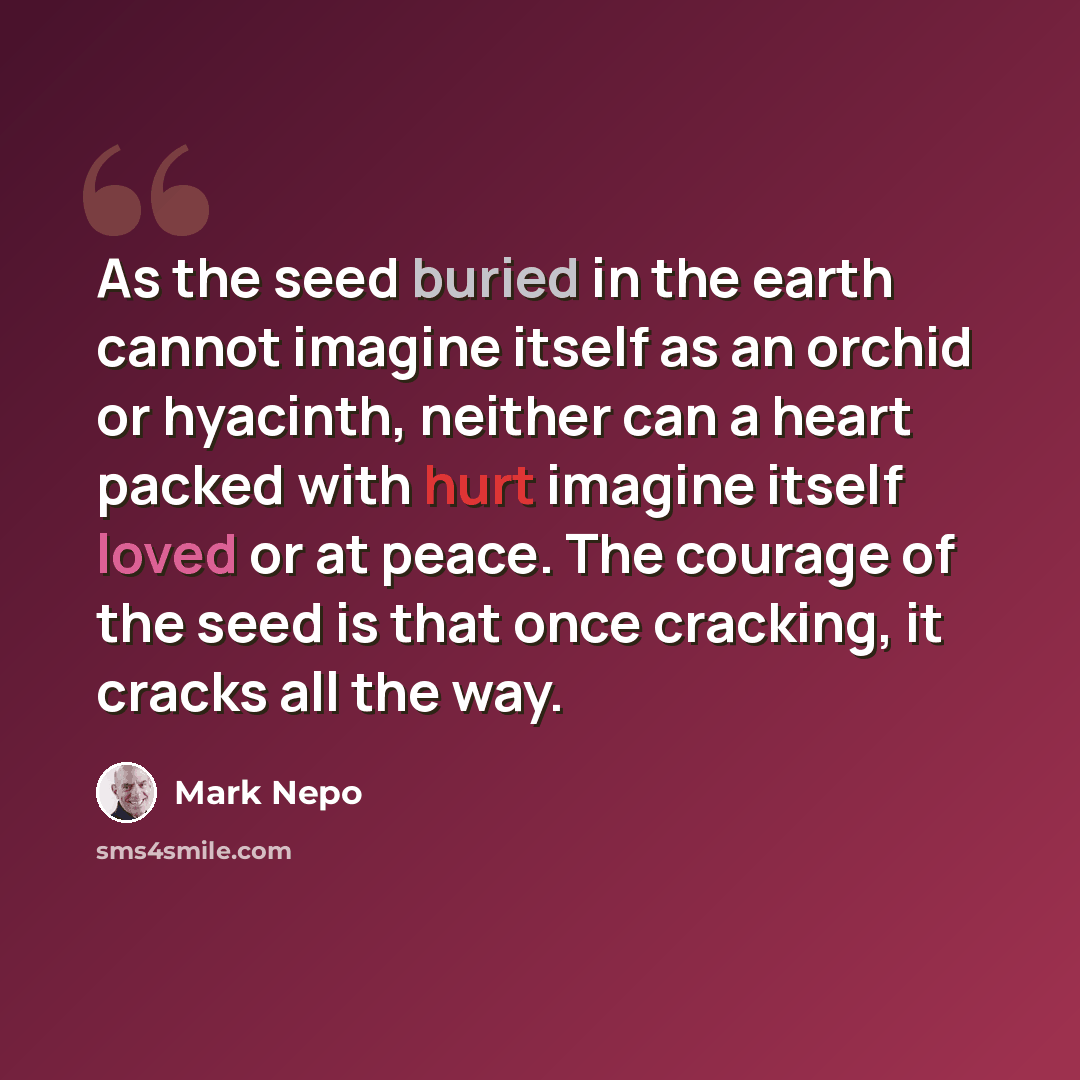 “As the seed buried in the earth cannot imagine itself as an orchid or hyacinth, neither can a heart packed with hurt imagine itself loved or at peace. The courage of the seed is that once cracking, it cracks all the way.” quote by Mark Nepo
