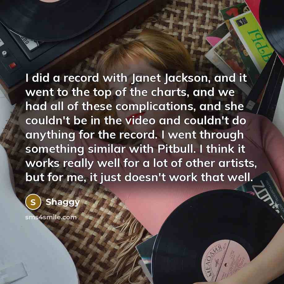 “I did a record with Janet Jackson, and it went to the top of the charts, and we had all of these complications, and she couldn't be in the video and couldn't do anything for the record. I went through something similar with Pitbull. I think it works really well for a lot of other artists, but for…” quote by Shaggy