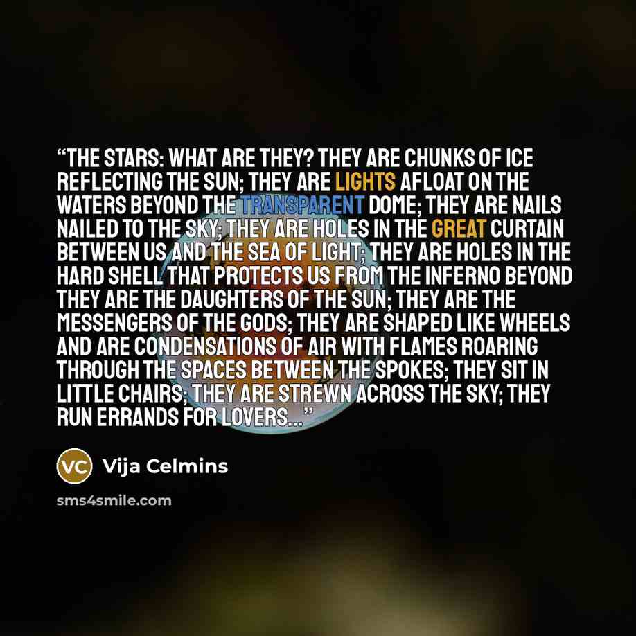 “The stars: what are they? They are chunks of ice reflecting the sun; they are lights afloat on the waters beyond the transparent dome; they are nails nailed to the sky; they are holes in the great curtain between us and the sea of light; they are holes in the hard shell that protects us from the…” quote by Vija Celmins