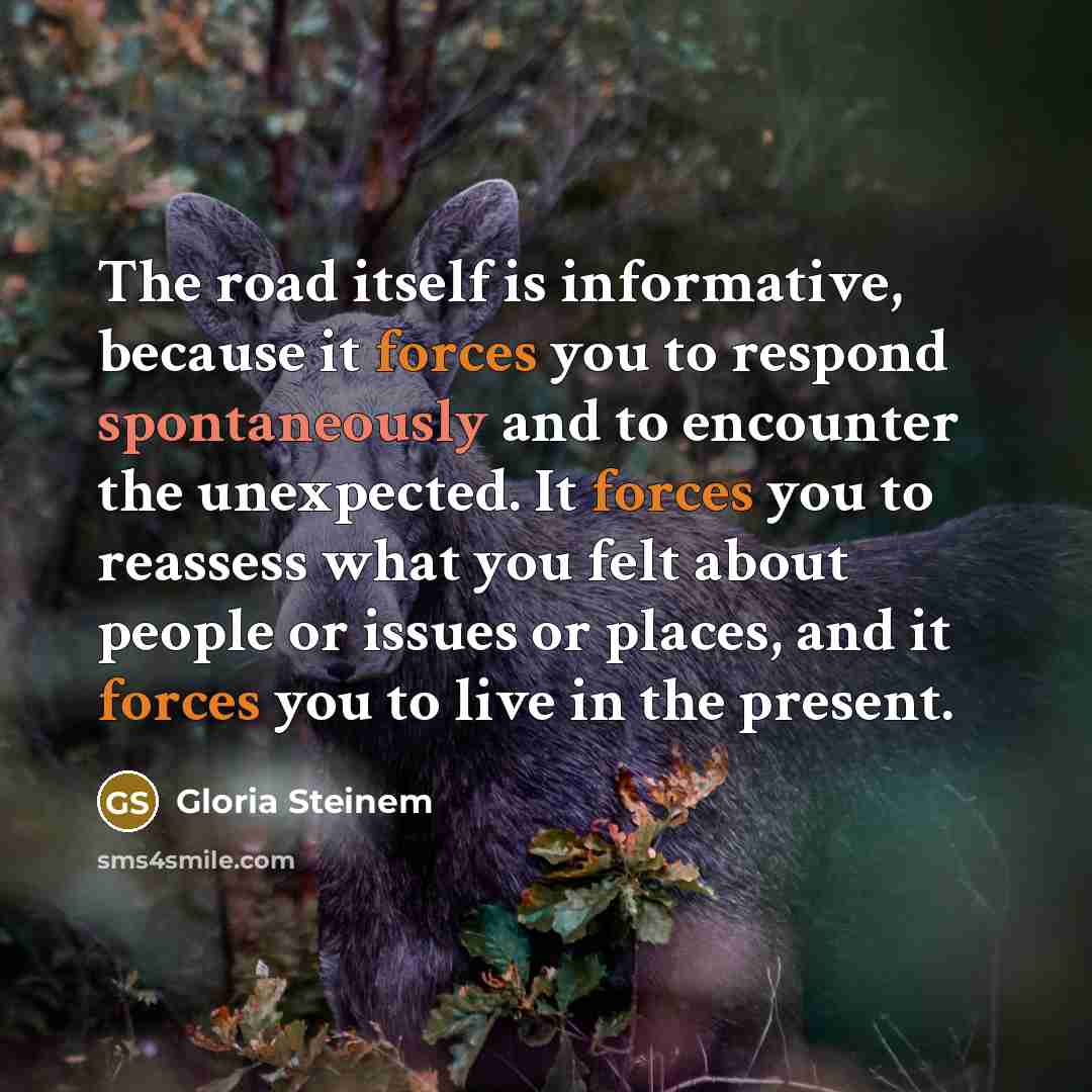 “The road itself is informative, because it forces you to respond spontaneously and to encounter the unexpected. It forces you to reassess what you felt about people or issues or places, and it forces you to live in the present.” quote by Gloria Steinem