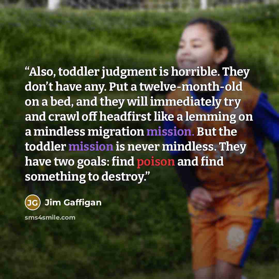 “Also, toddler judgment is horrible. They don’t have any. Put a twelve-month-old on a bed, and they will immediately try and crawl off headfirst like a lemming on a mindless migration mission. But the toddler mission is never mindless. They have two goals: find poison and find something to destroy.” quote by Jim Gaffigan