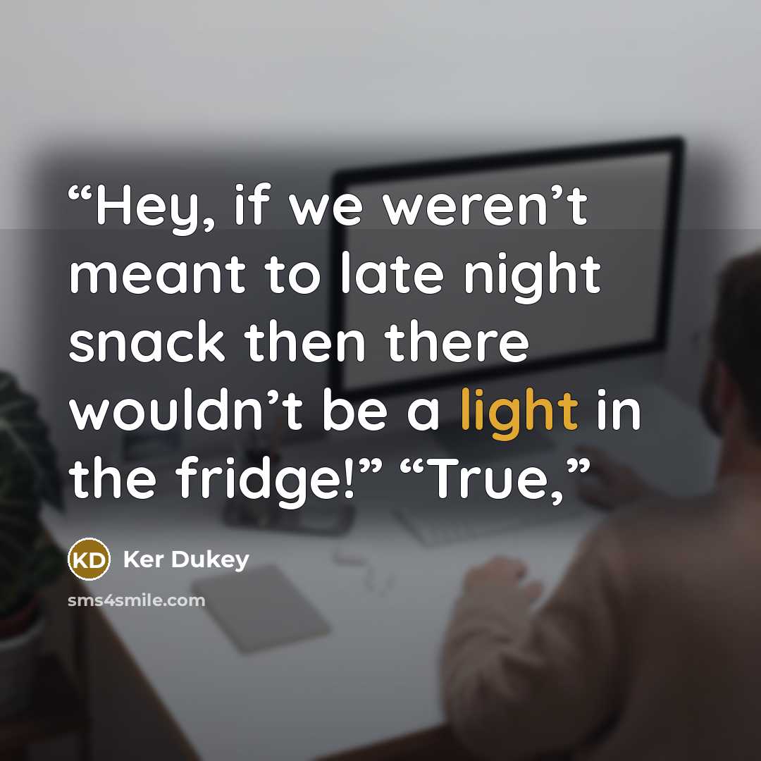 “Hey, if we weren’t meant to late night snack then there wouldn’t be a light in the fridge!” “True,” quote by Ker Dukey