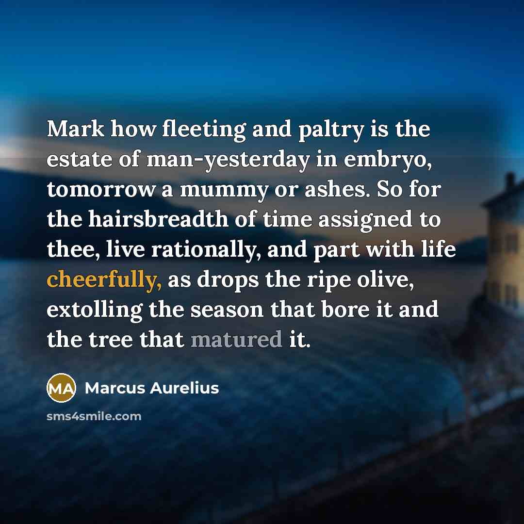 “Mark how fleeting and paltry is the estate of man-yesterday in embryo, tomorrow a mummy or ashes. So for the hairsbreadth of time assigned to thee, live rationally, and part with life cheerfully, as drops the ripe olive, extolling the season that bore it and the tree that matured it.” quote by Marcus Aurelius