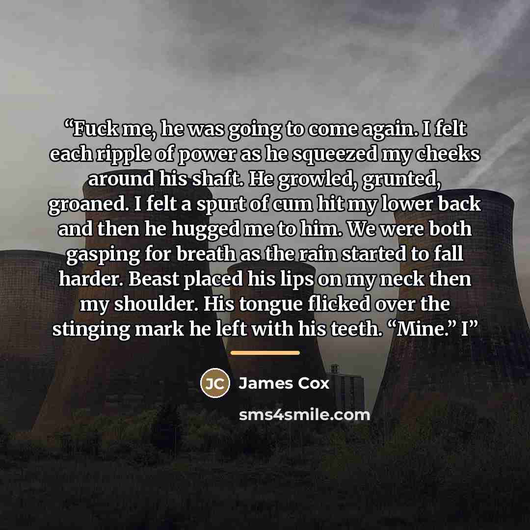 “Fuck me, he was going to come again. I felt each ripple of power as he squeezed my cheeks around his shaft. He growled, grunted, groaned. I felt a spurt of cum hit my lower back and then he hugged me to him. We were both gasping for breath as the rain started to fall harder. Beast placed his lips…” quote by James Cox