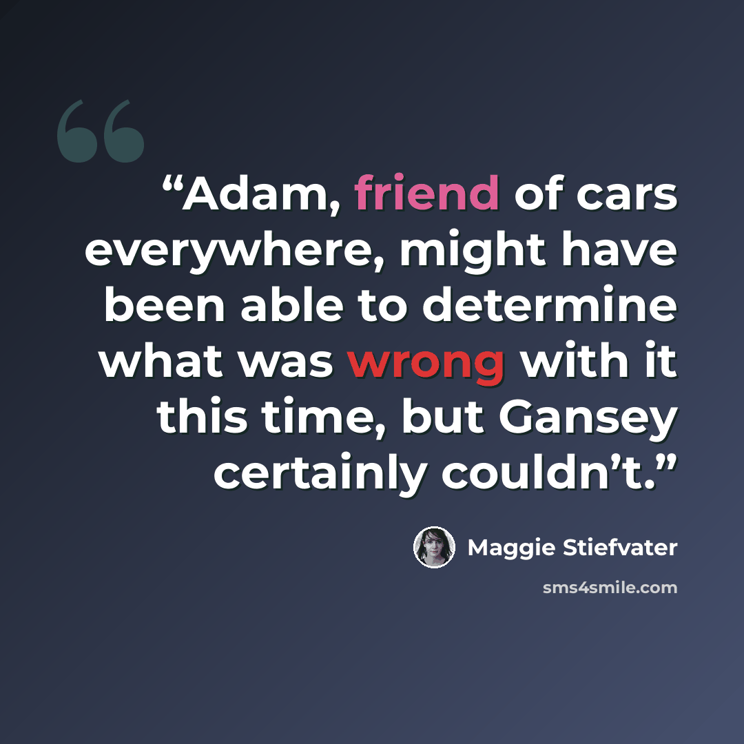 “Adam, friend of cars everywhere, might have been able to determine what was wrong with it this time, but Gansey certainly couldn’t.” quote by Maggie Stiefvater