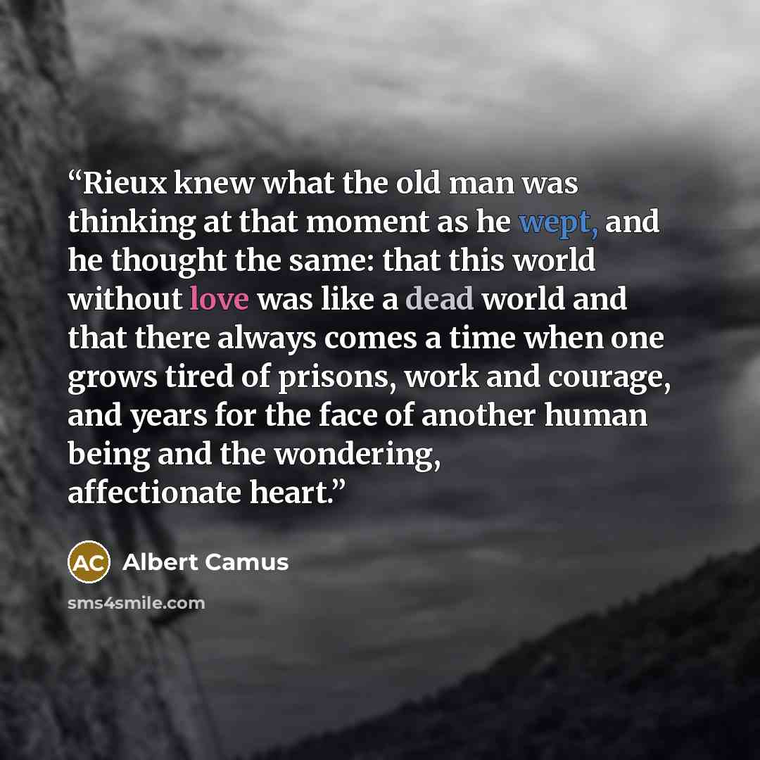 “Rieux knew what the old man was thinking at that moment as he wept, and he thought the same: that this world without love was like a dead world and that there always comes a time when one grows tired of prisons, work and courage, and years for the face of another human being and the wondering…” quote by Albert Camus