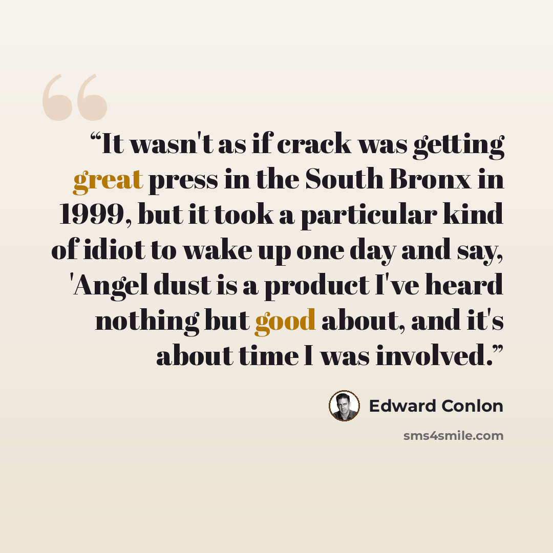 “It wasn't as if crack was getting great press in the South Bronx in 1999, but it took a particular kind of idiot to wake up one day and say, 'Angel dust is a product I've heard nothing but good about, and it's about time I was involved.” quote by Edward Conlon