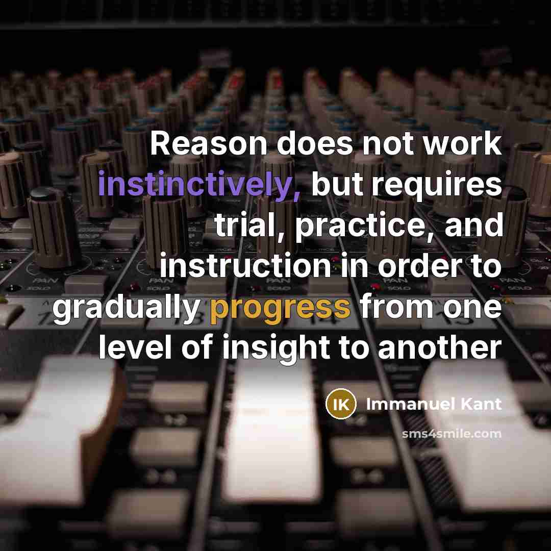 “Reason does not work instinctively, but requires trial, practice, and instruction in order to gradually progress from one level of insight to another” quote by Immanuel Kant