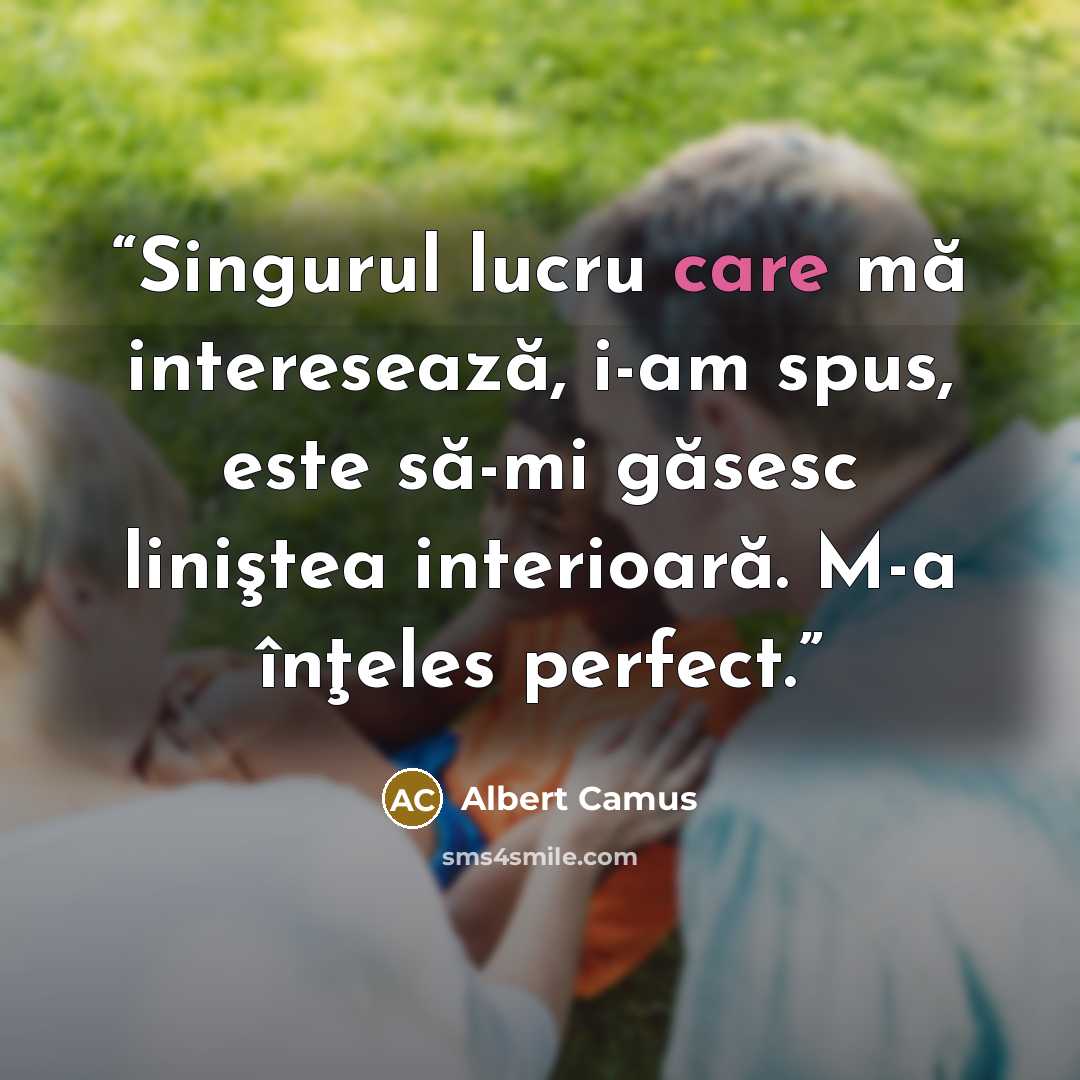 “Singurul lucru care mă interesează, i-am spus, este să-mi găsesc liniştea interioară. M-a înţeles perfect.” quote by Albert Camus