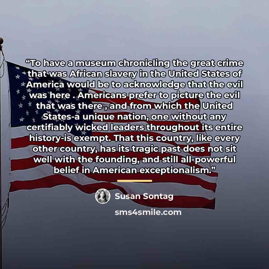 “To have a museum chronicling the great crime that was African slavery in the United States of America would be to acknowledge that the evil was here . Americans prefer to picture the evil that was there , and from which the United States-a unique nation, one without any certifiably wicked leaders…” quote by Susan Sontag