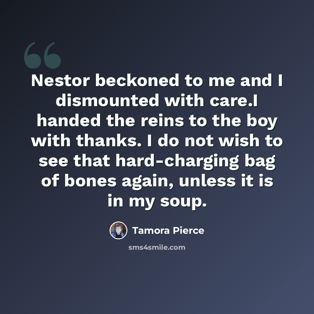 “Nestor beckoned to me and I dismounted with care.I handed the reins to the boy with thanks. I do not wish to see that hard-charging bag of bones again, unless it is in my soup.” quote by Tamora Pierce