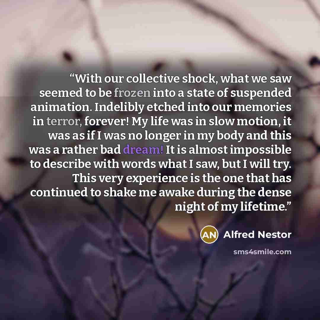 “With our collective shock, what we saw seemed to be frozen into a state of suspended animation. Indelibly etched into our memories in terror, forever! My life was in slow motion, it was as if I was no longer in my body and this was a rather bad dream! It is almost impossible to describe with words…” quote by Alfred Nestor