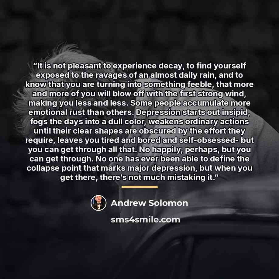 “It is not pleasant to experience decay, to find yourself exposed to the ravages of an almost daily rain, and to know that you are turning into something feeble, that more and more of you will blow off with the first strong wind, making you less and less. Some people accumulate more emotional rust…” quote by Andrew Solomon