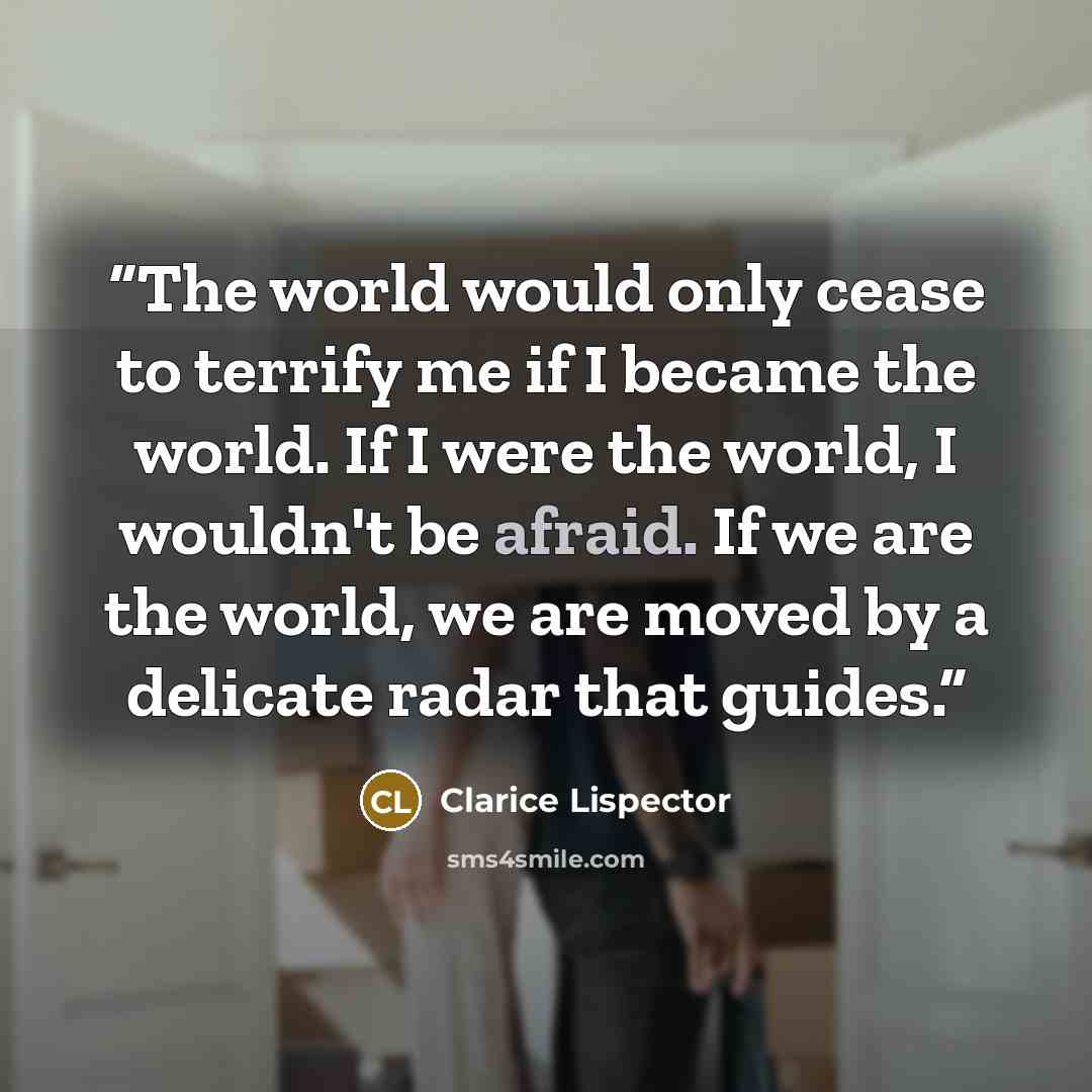 “The world would only cease to terrify me if I became the world. If I were the world, I wouldn't be afraid. If we are the world, we are moved by a delicate radar that guides.” quote by Clarice Lispector