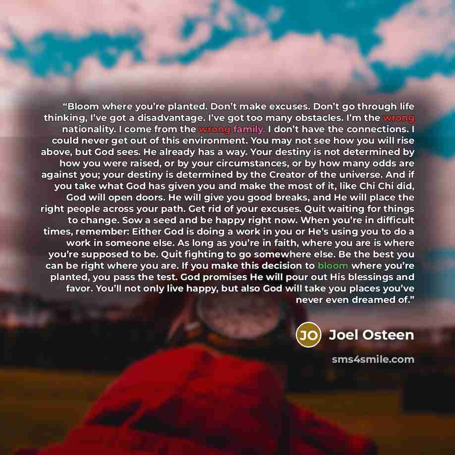 “Bloom where you’re planted. Don’t make excuses. Don’t go through life thinking, I’ve got a disadvantage. I’ve got too many obstacles. I’m the wrong nationality. I come from the wrong family. I don’t have the connections. I could never get out of this environment. You may not see how you will rise…” quote by Joel Osteen