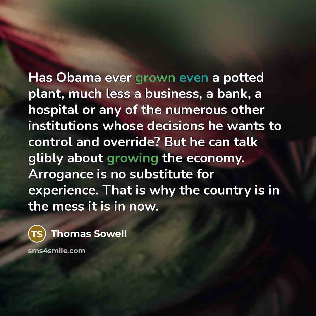 “Has Obama ever grown even a potted plant, much less a business, a bank, a hospital or any of the numerous other institutions whose decisions he wants to control and override? But he can talk glibly about growing the economy. Arrogance is no substitute for experience. That is why the country is in…” quote by Thomas Sowell