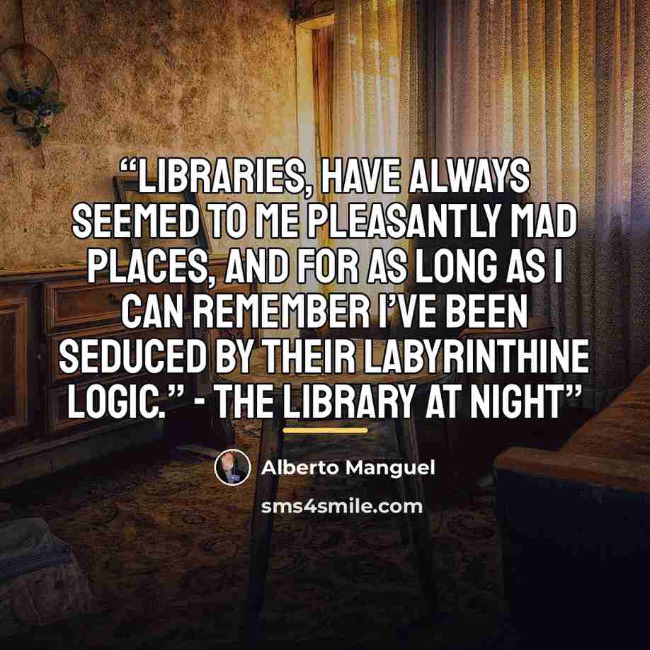 “Libraries, have always seemed to me pleasantly mad places, and for as long as I can remember I’ve been seduced by their labyrinthine logic.” - The Library at Night” quote by Alberto Manguel