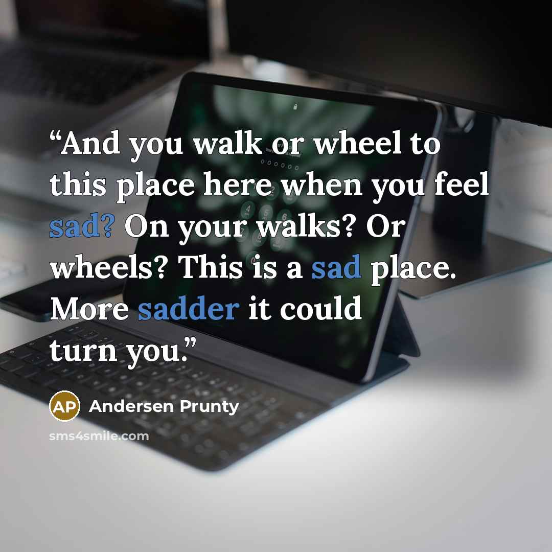 “And you walk or wheel to this place here when you feel sad? On your walks? Or wheels? This is a sad place. More sadder it could turn you.” quote by Andersen Prunty
