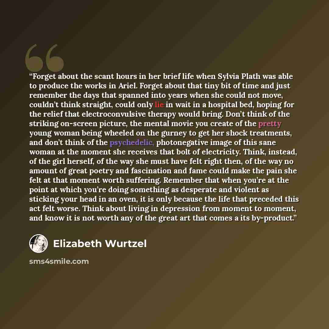 “Forget about the scant hours in her brief life when Sylvia Plath was able to produce the works in Ariel. Forget about that tiny bit of time and just remember the days that spanned into years when she could not move, couldn’t think straight, could only lie in wait in a hospital bed, hoping for the…” quote by Elizabeth Wurtzel