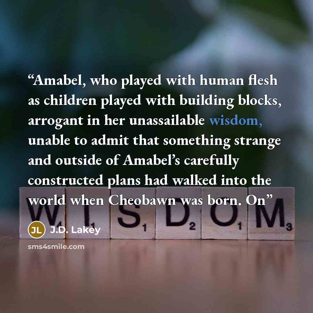 “Amabel, who played with human flesh as children played with building blocks, arrogant in her unassailable wisdom, unable to admit that something strange and outside of Amabel’s carefully constructed plans had walked into the world when Cheobawn was born. On” quote by J.D. Lakey