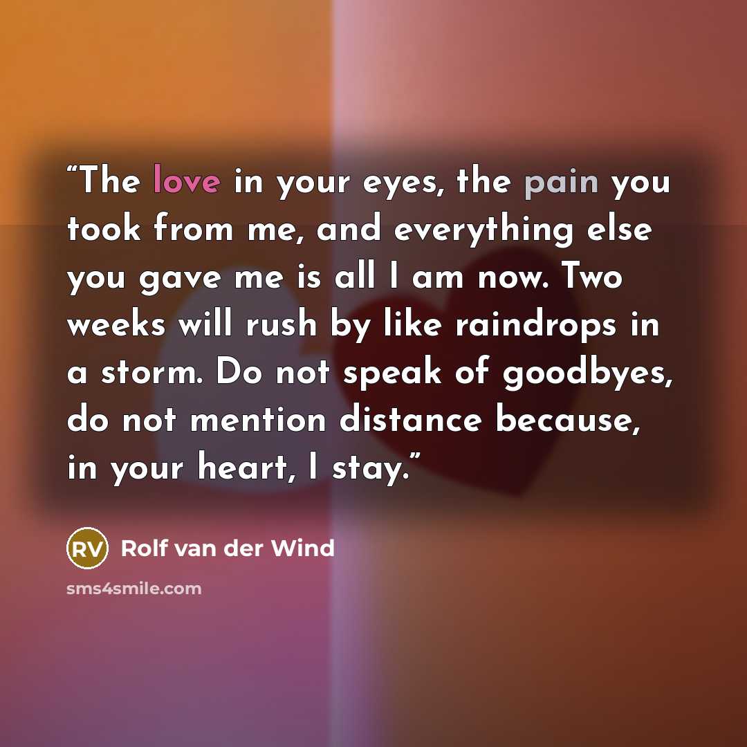 “The love in your eyes, the pain you took from me, and everything else you gave me is all I am now. Two weeks will rush by like raindrops in a storm. Do not speak of goodbyes, do not mention distance because, in your heart, I stay.” quote by Rolf van der Wind