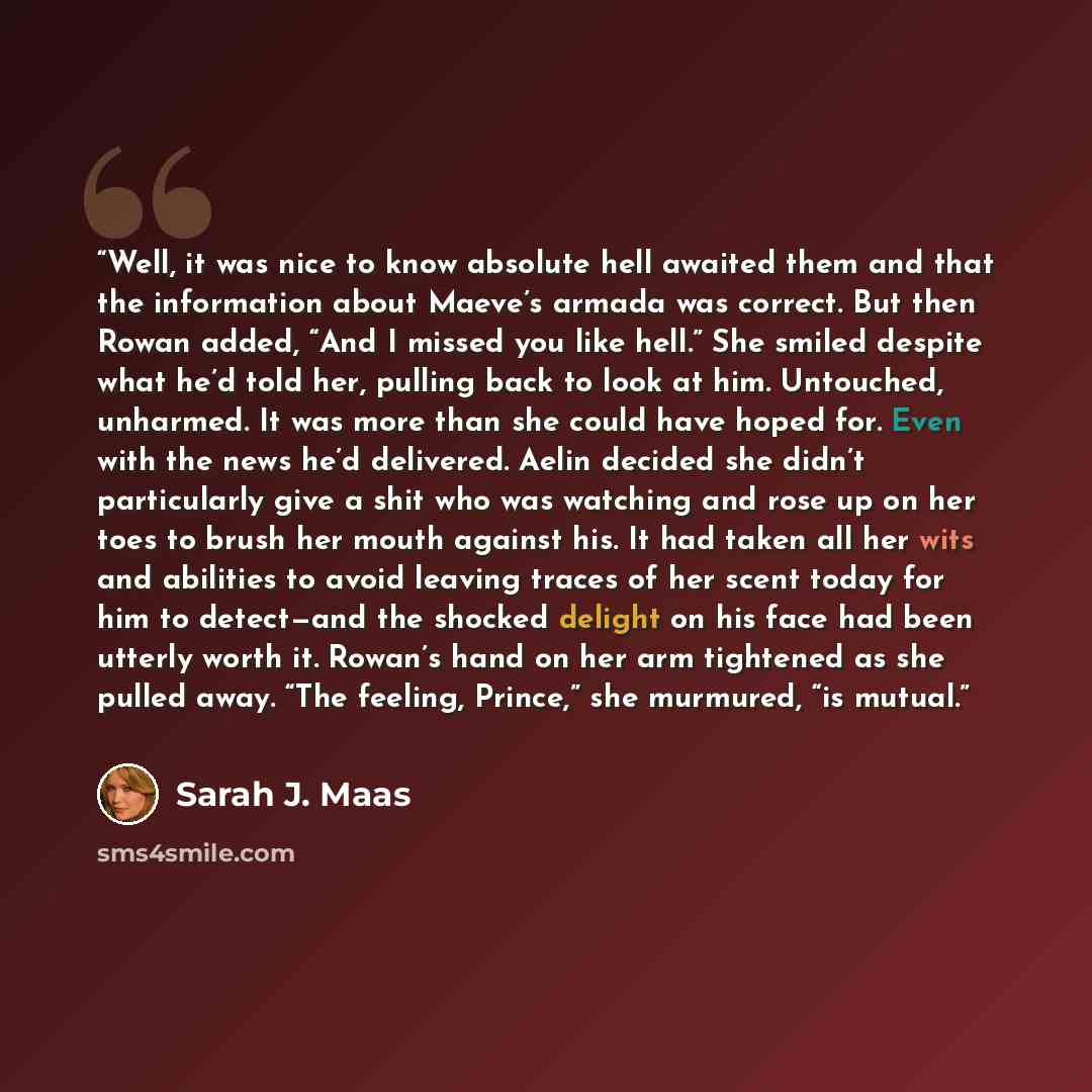 “Well, it was nice to know absolute hell awaited them and that the information about Maeve’s armada was correct. But then Rowan added, “And I missed you like hell.” She smiled despite what he’d told her, pulling back to look at him. Untouched, unharmed. It was more than she could have hoped for…” quote by Sarah J. Maas