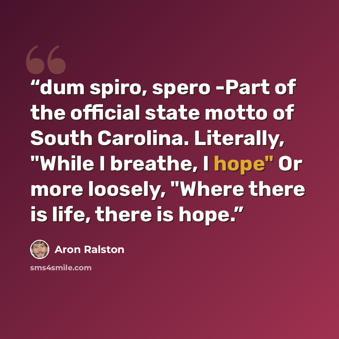 “dum spiro, spero -Part of the official state motto of South Carolina. Literally, "While I breathe, I hope" Or more loosely, "Where there is life, there is hope.” quote by Aron Ralston