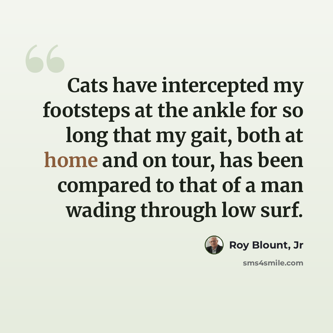 “Cats have intercepted my footsteps at the ankle for so long that my gait, both at home and on tour, has been compared to that of a man wading through low surf.” quote by Roy Blount, Jr