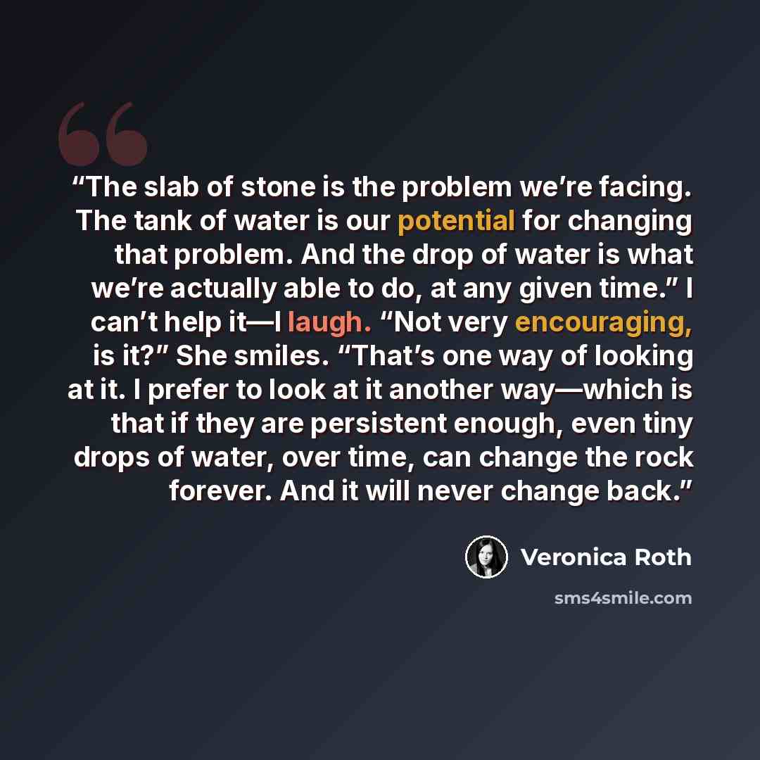 “The slab of stone is the problem we’re facing. The tank of water is our potential for changing that problem. And the drop of water is what we’re actually able to do, at any given time.” I can’t help it—I laugh. “Not very encouraging, is it?” She smiles. “That’s one way of looking at it. I prefer…” quote by Veronica Roth