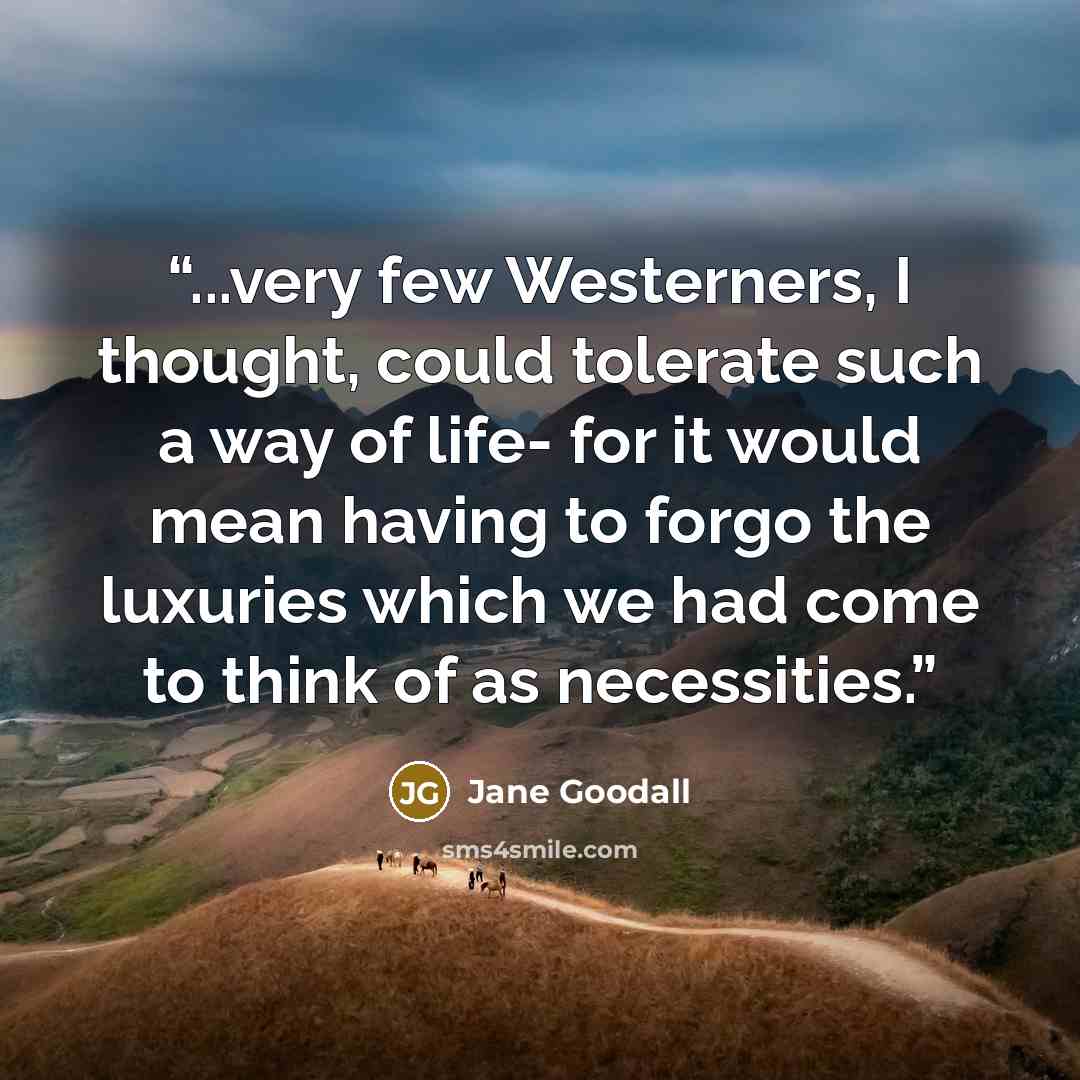 “...very few Westerners, I thought, could tolerate such a way of life- for it would mean having to forgo the luxuries which we had come to think of as necessities.” quote by Jane Goodall